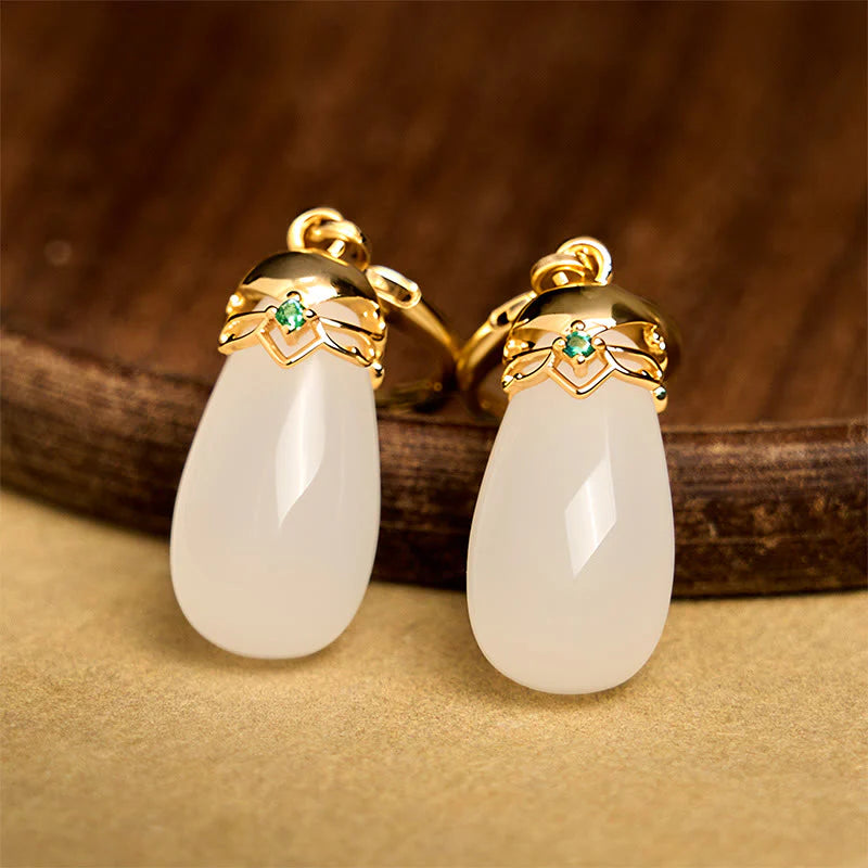 Buddha Stones Green Chalcedony Water Drop Strength Copper Posts Earrings