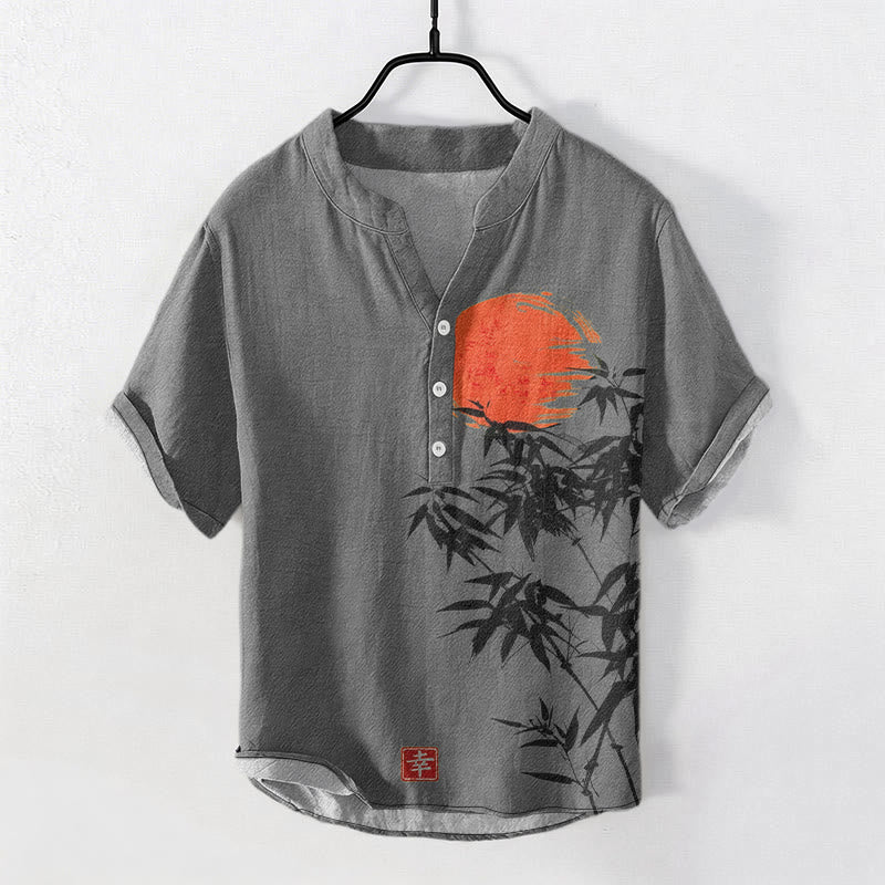 Buddha Stones Cotton Simple Red Sun Bamboo Pattern Men's Short Sleeve Half Button Shirt