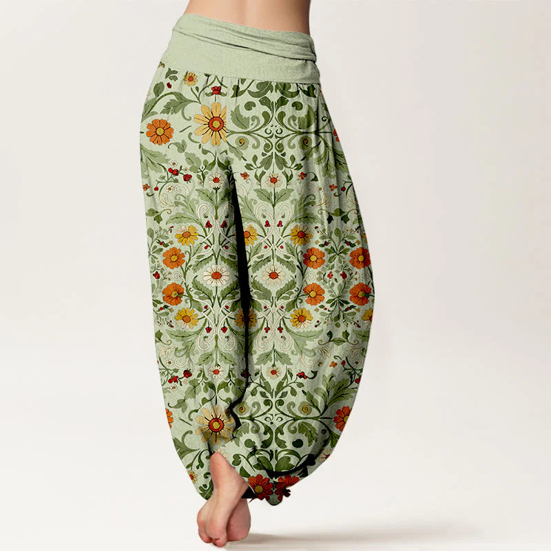 Buddha Stones Pure Cotton Colorful Flowers Vines Women's Elastic Waist Harem Pants