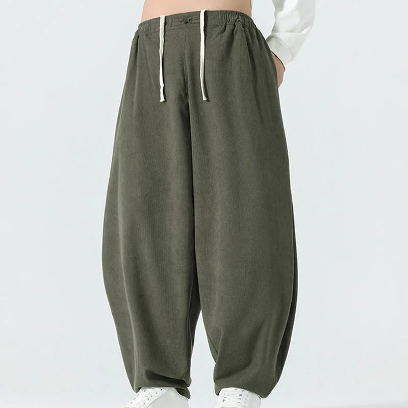 Buddha Stones Fall Solid Color Corduroy Men's Harem Pants With Pockets