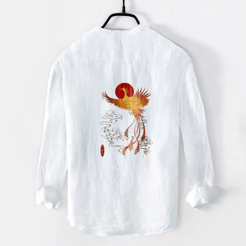 Buddha Stones Phoenix Clouds Red Sun Pattern Half Buttons Men's Cotton Linen Long Sleeve Shirt