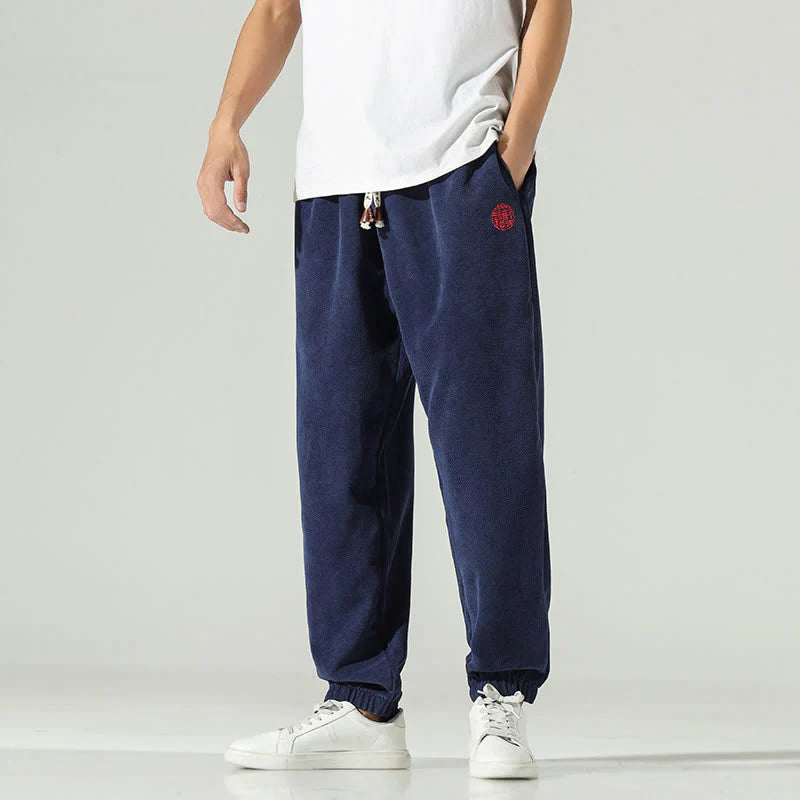 Buddha Stones Fall Plain Corduroy Embroidery Design Men's Harem Pants With Pockets