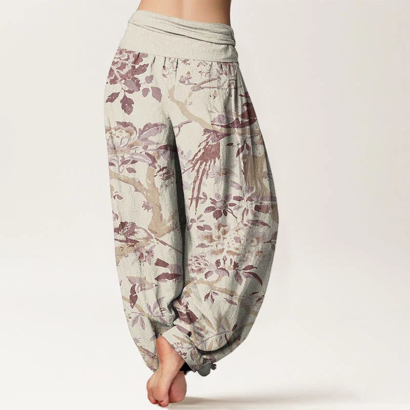 Buddha Stones Cotton Birds Branches Flowers Pattern Women's Elastic Waist Harem Pants