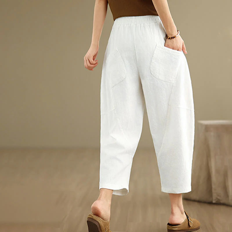 Buddha Stones Spring 7-8 Length Solid Color Women's Cotton Linen Harem Pants With Pockets