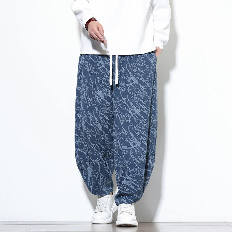 Buddha Stones Fall Textured Lines Print Cotton Elastic Waist Ankle-Length Men's Harem Pants With Pockets