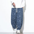 Buddha Stones Fall Textured Lines Print Cotton Elastic Waist Ankle-Length Men's Harem Pants With Pockets