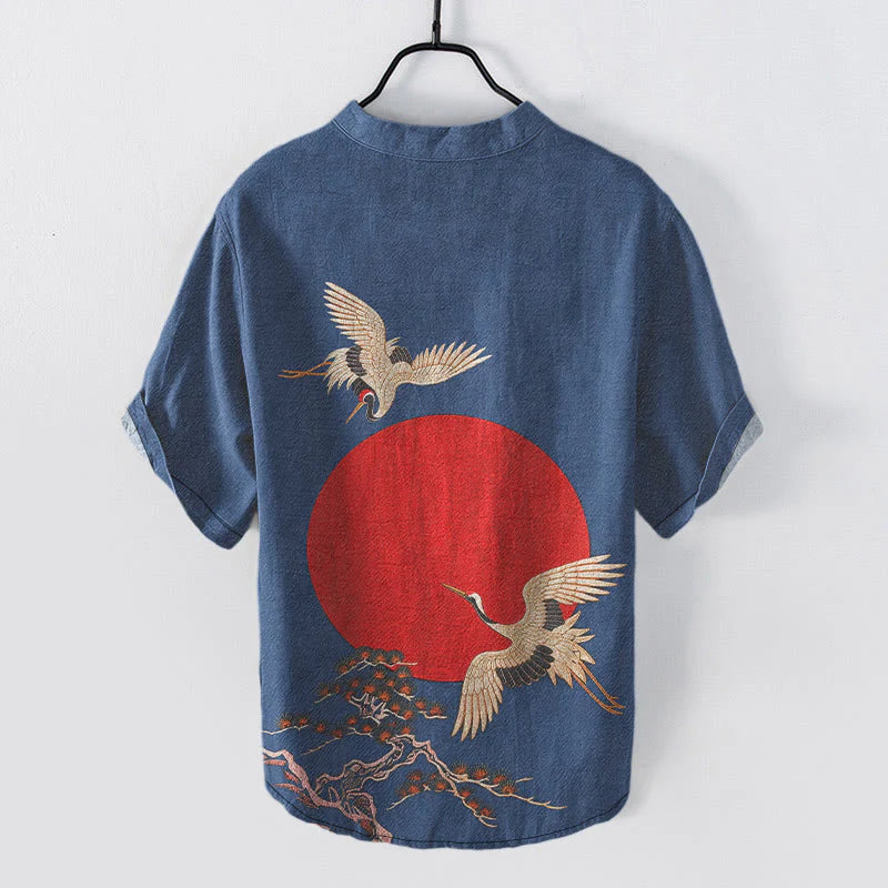 Buddha Stones Cotton Simple Crane Red Sun Pine Pattern Men's Short Sleeve Half Button Shirt