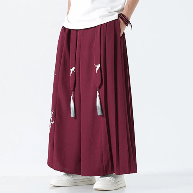 Buddha Stones Summer Dragon Drawstring Design Cotton Ankle-Length Men's Wide Leg Pants With Pockets