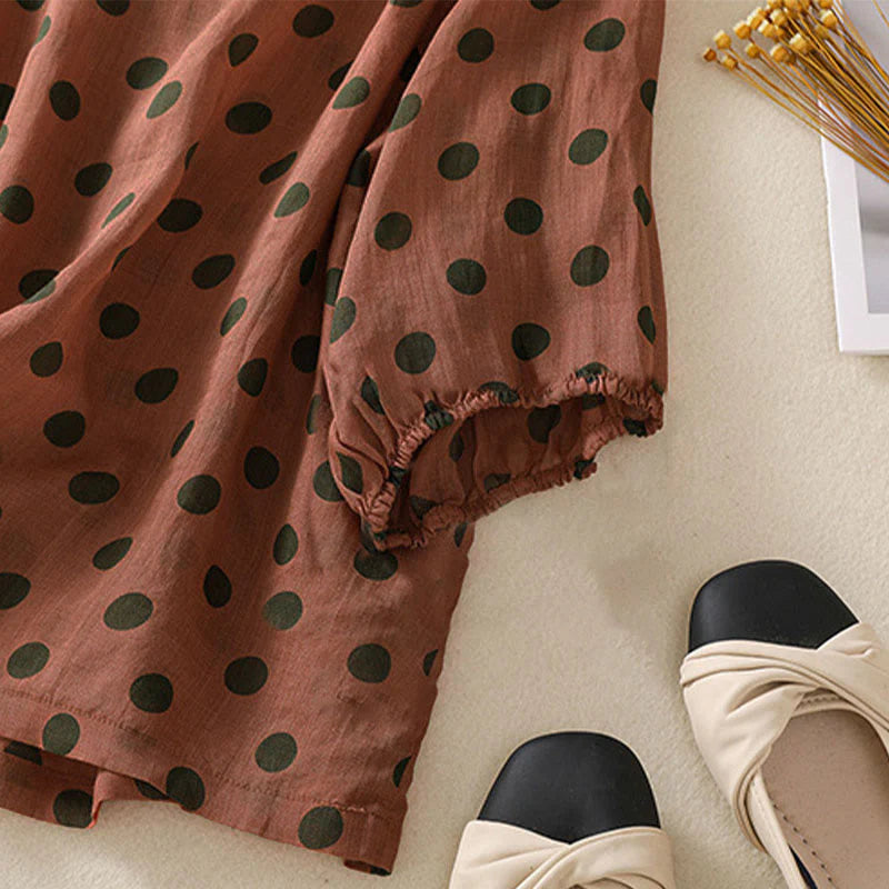 Buddha Stones Fall Round Neck Polka Dots Long Sleeve Women's Polyester Shirt