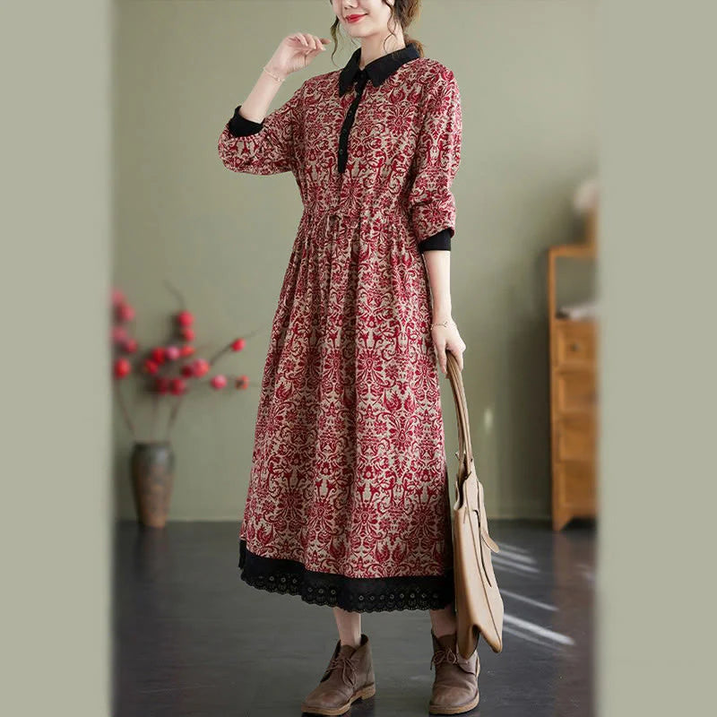 Buddha Stones Ethnic Printed Drawstring Long Sleeve Cotton Midi Dress With Pockets