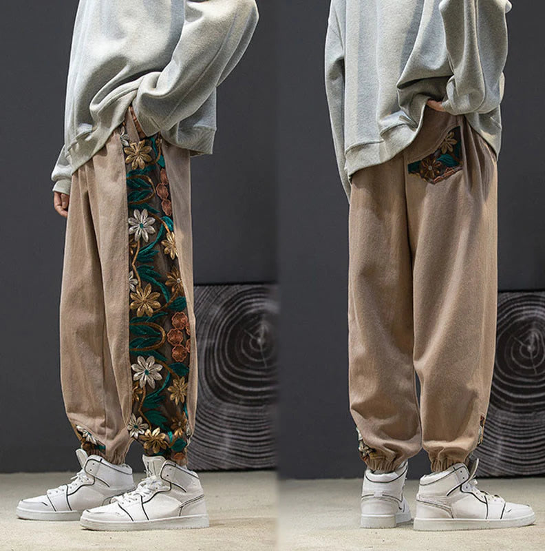 Buddha Stones Spring Men's Embroidered Flower Pattern Patchwork Cotton Pants With Pockets