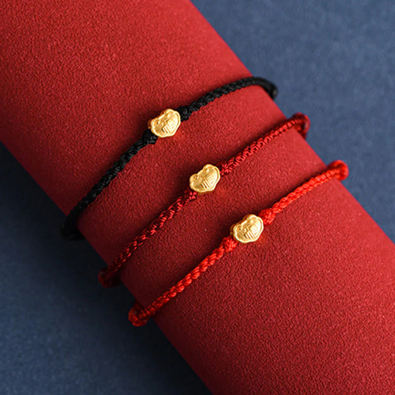 Buddha Stones 999 Gold Chinese Lock Charm Fu Character Protection Handmade Rope Bracelet (Extra 30% Off | USE CODE: FS30)