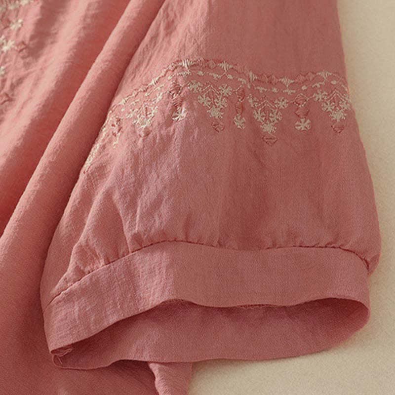 Buddha Stones Spring Embroidered Cotton Half Buttons Women's Short Sleeve Shirt