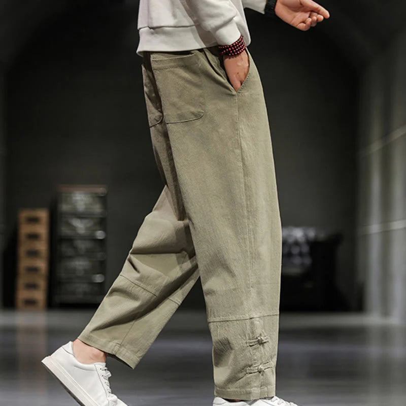 Buddha Stones Drawstring Elastic Waist Frog-Button Ankle-Length Men's Cotton Pants With Pockets