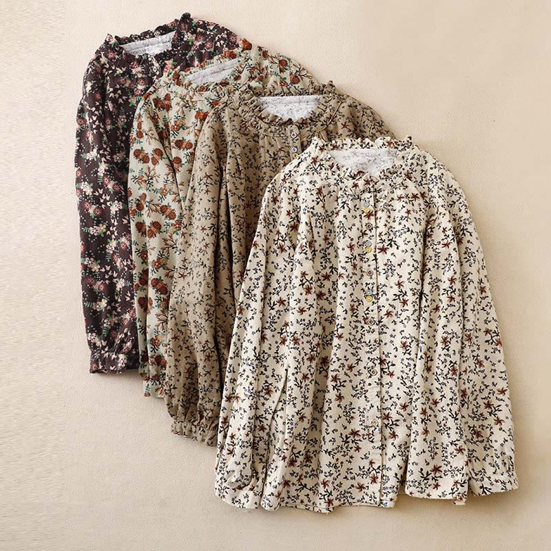 Buddha Stones Fall Floral Print Buttons Down Design Women's Cotton Long Sleeve Shirt