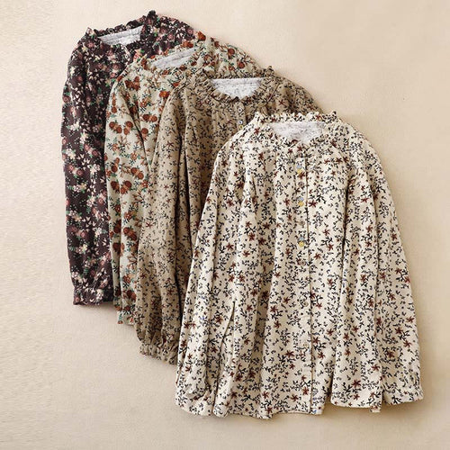 Buddha Stones Fall Floral Print Buttons Down Design Women's Cotton Long Sleeve Shirt
