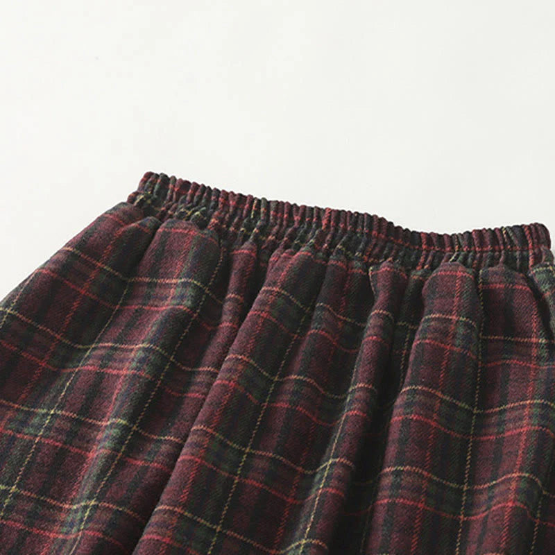 Buddha Stones Spring Fall Women's Plaid Pattern Cotton Skirt With Pockets