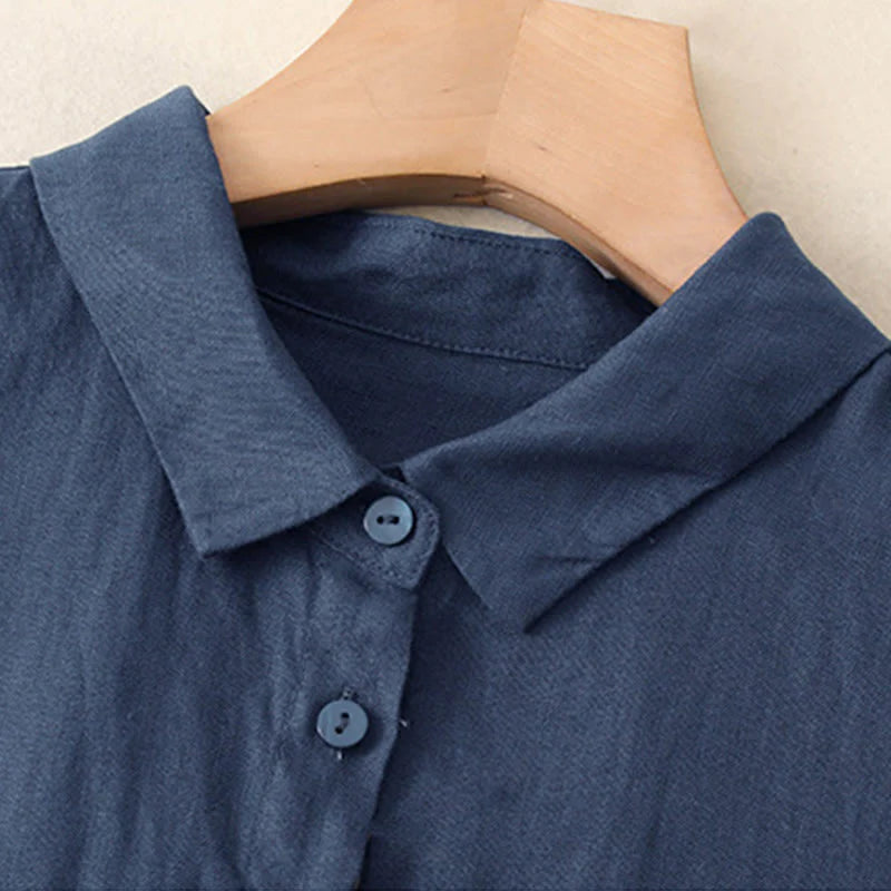 Buddha Stones Fall Commute Plain Buttons Design Long Sleeve Cotton Midi Dress With Pockets