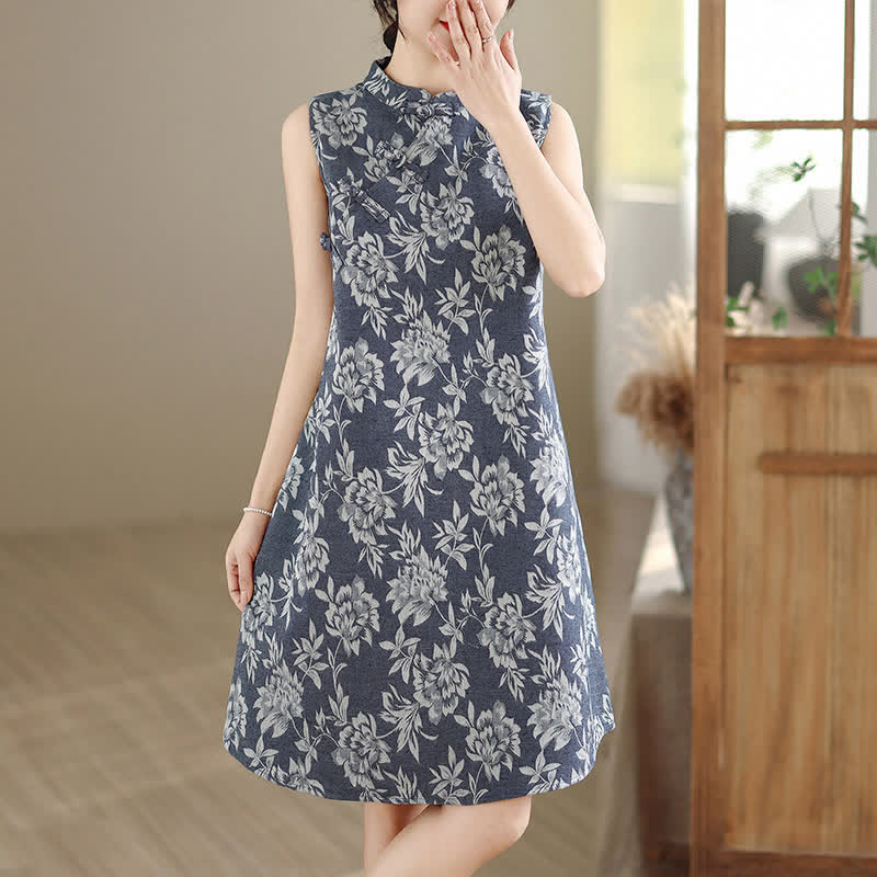 Buddha Stones Frog-button Mandarin Collar Floral Pattern Sleeveless Cotton Mini Dress With Pockets