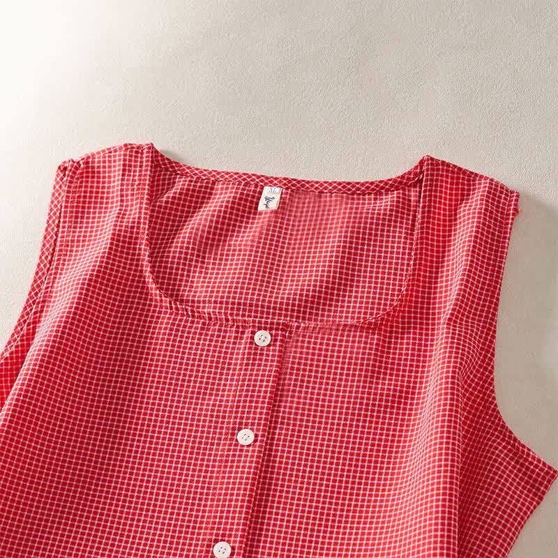 Buddha Stones Summer Coral Gingham Sleeveless A Line Vacation Casual Knee Length Dress With Pockets