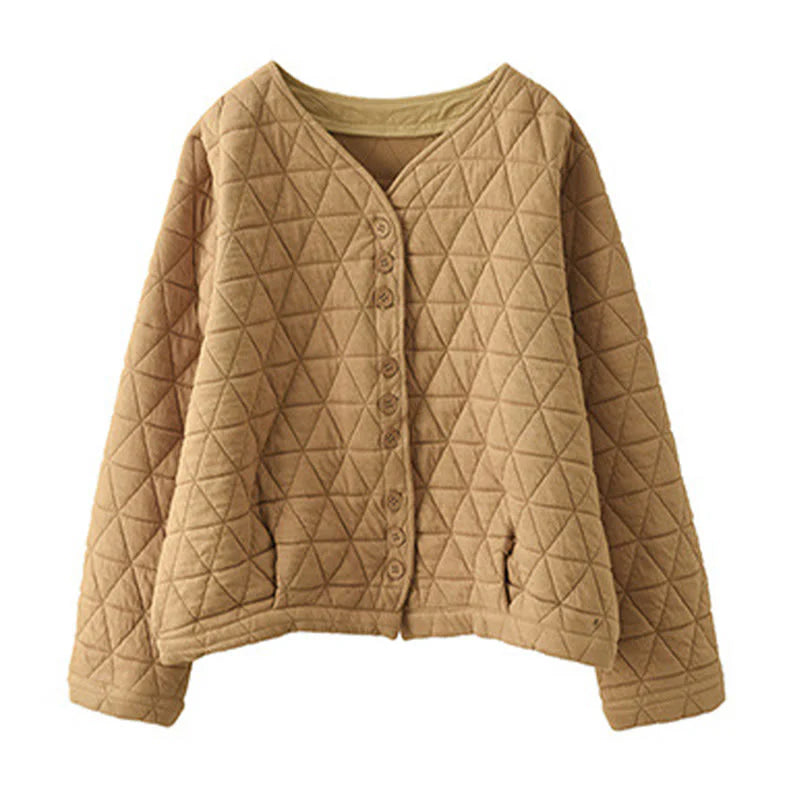 Buddha Stones Winter Cotton Long Sleeve Diamond Pattern Women's Thermal Jacket With Pockets