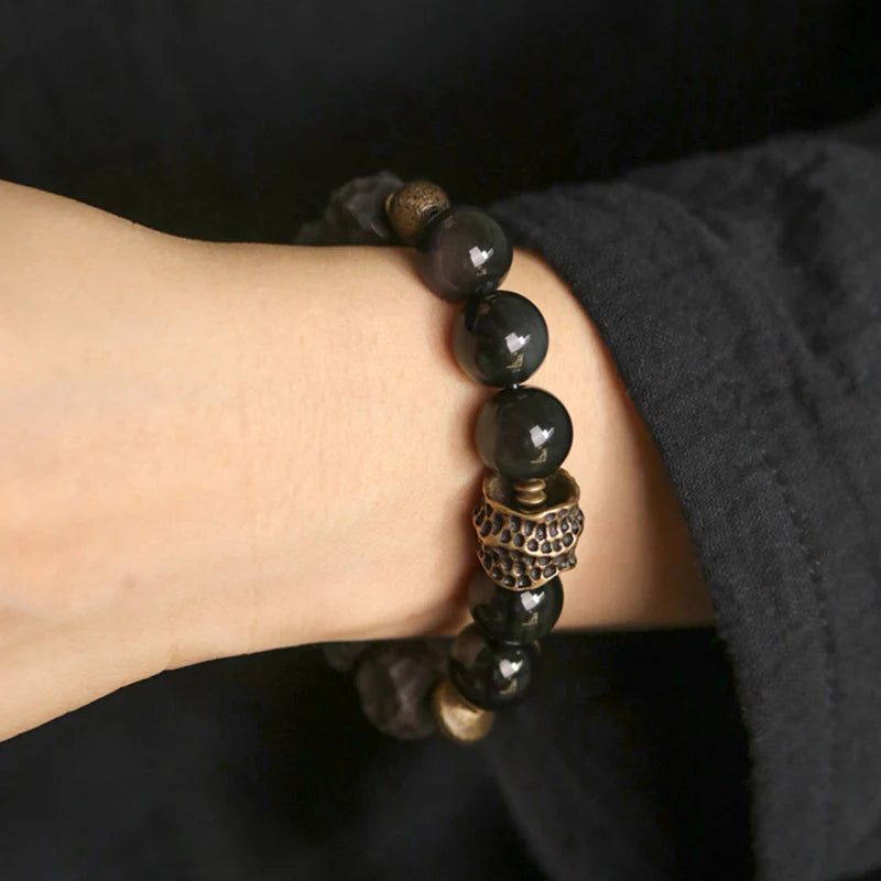 Buddha Stones Black Obsidian Ebony Wood Copper Strength Couple Bracelet (Extra 30% Off | USE CODE: FS30)
