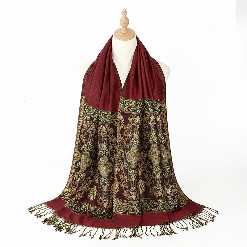 Buddha Stones Spring Golden Cashew Flower Geometric Pattern Tassel Cozy Scarf Shawl