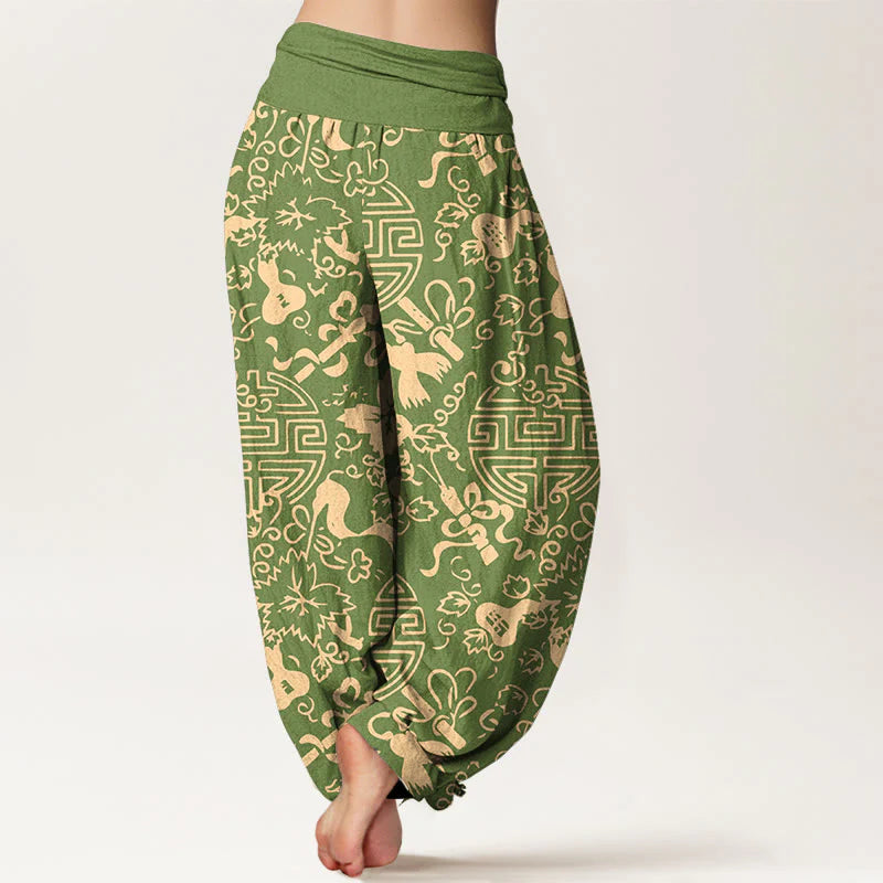Buddha Stones Pure Cotton Chinese Character Gourd Auspicious Pattern Women's Elastic Waist Harem Pants