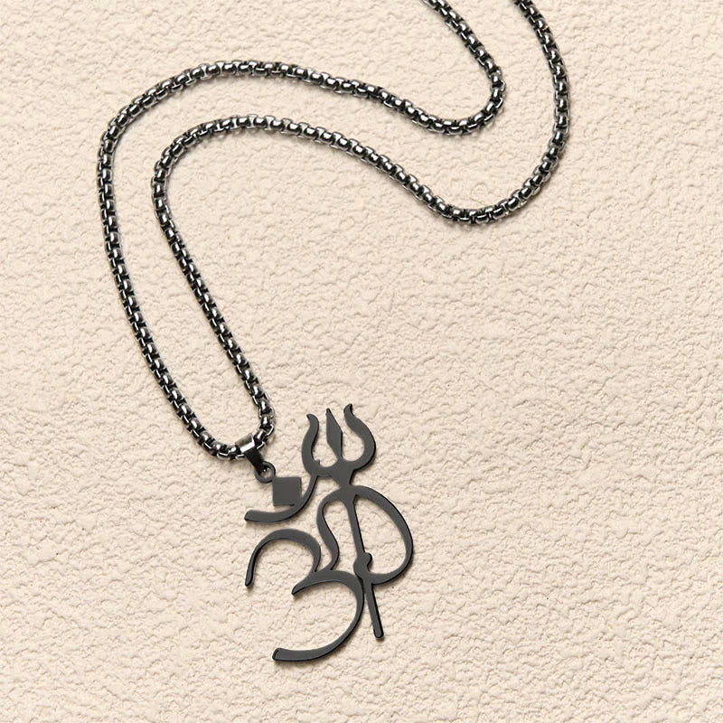 Buddha Stones Trident OM Symbol Stainless Steel Connection Necklace Pendant