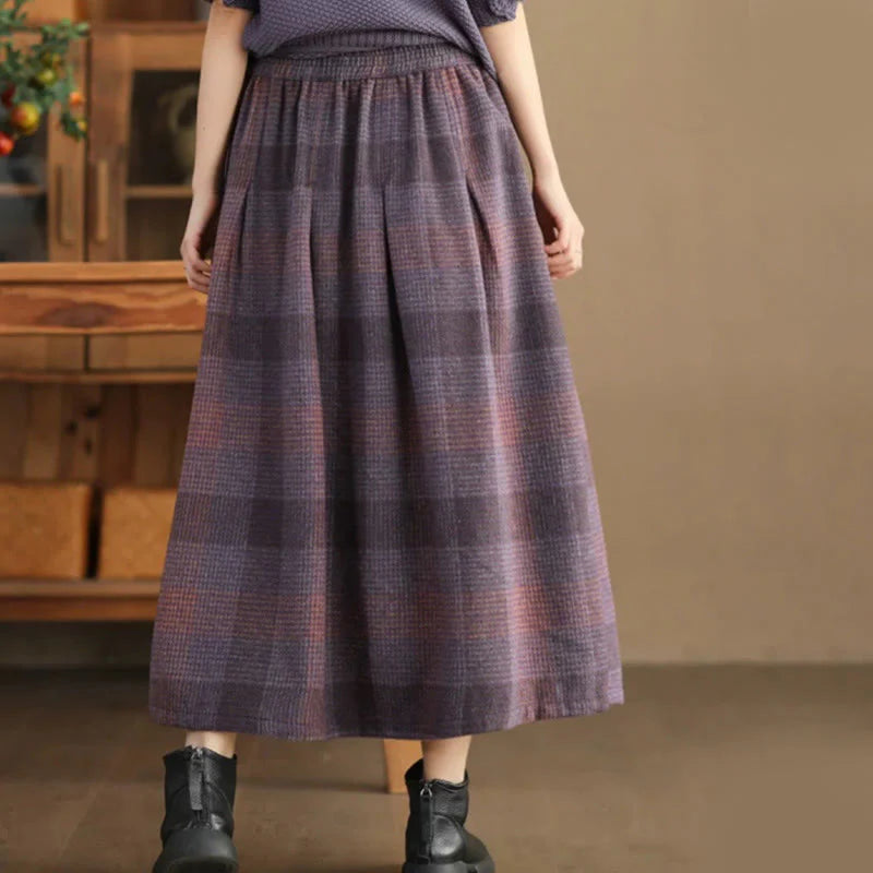 Buddha Stones Women's Winter Plaid Pattern Cotton Thermal 7-8 Length Skirt With Pockets