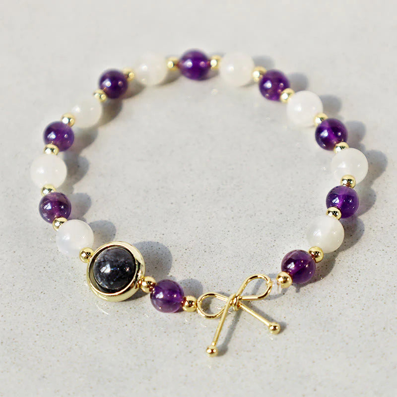 Buddha Stones Amethyst Cat Eye Black Rutilated Quartz Spiritual Bead Bracelet