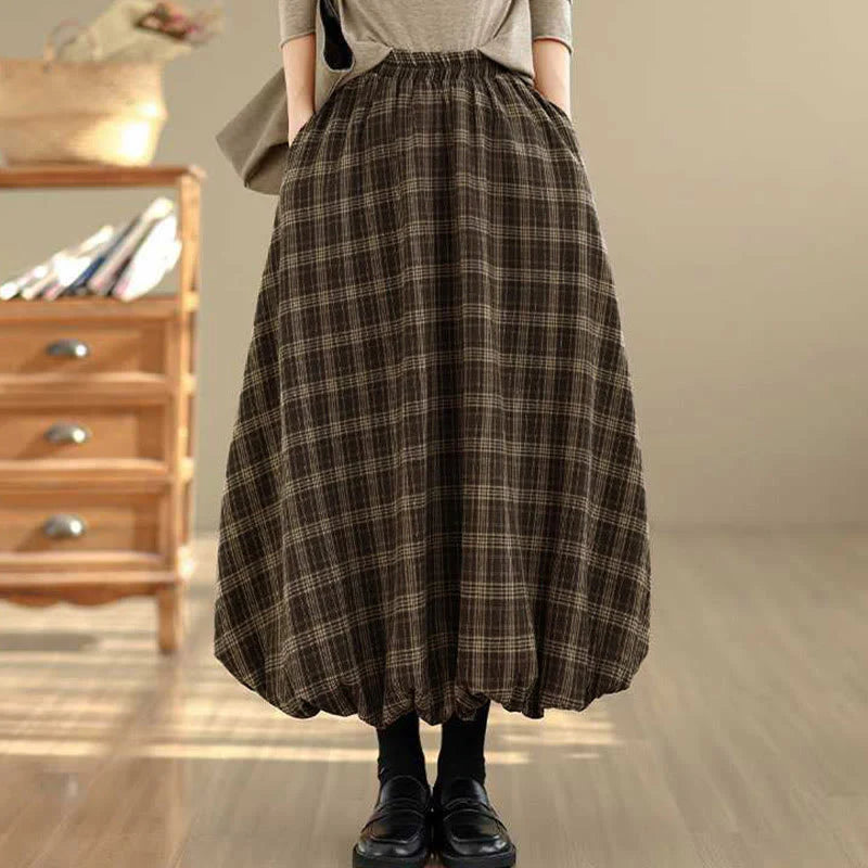 Buddha Stones Women's Plaid Pattern Cotton Skirt With Pockets