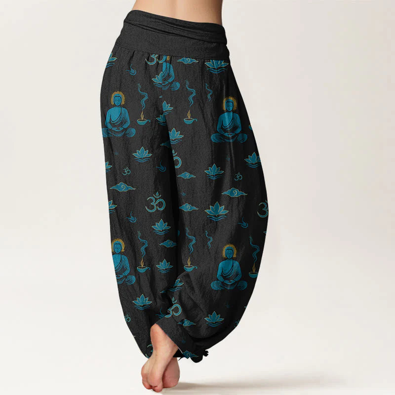 Buddha Stones Cotton Om Symbol Lotus Cloud Buddha Pattern Women's Elastic Waist Harem Pants