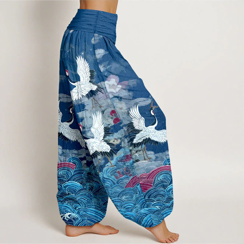 Buddha Stones Cotton Classic Crane Waves Cloud Pattern Women's Elastic Waist Harem Pants