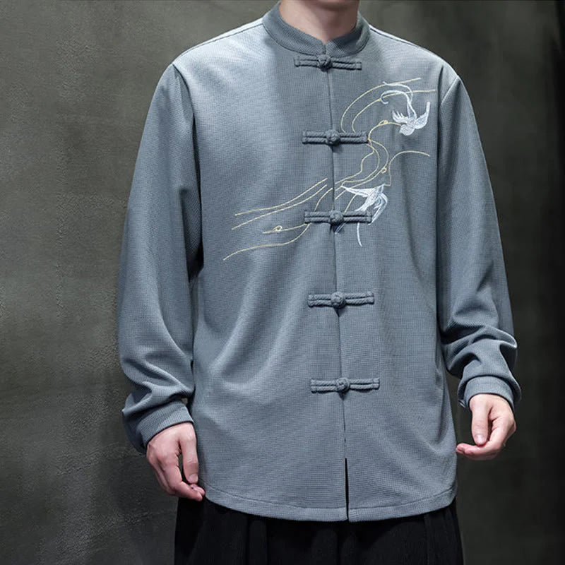 Buddha Stones Frog-Button Swallow Embroidery Stand Collar Long Sleeve Tang Suit Men's Shirt