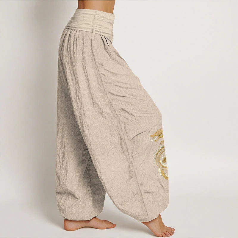 Buddha Stones Pure Cotton Dragon Pattern Women's Elastic Waist Harem Pants