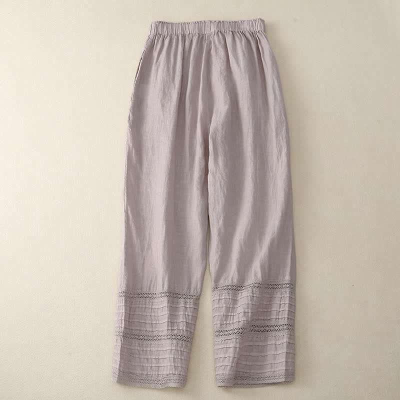 Buddha Stones Spring Elastic Waist Lace Pleated Hem Cotton Women's Pants With Pockets