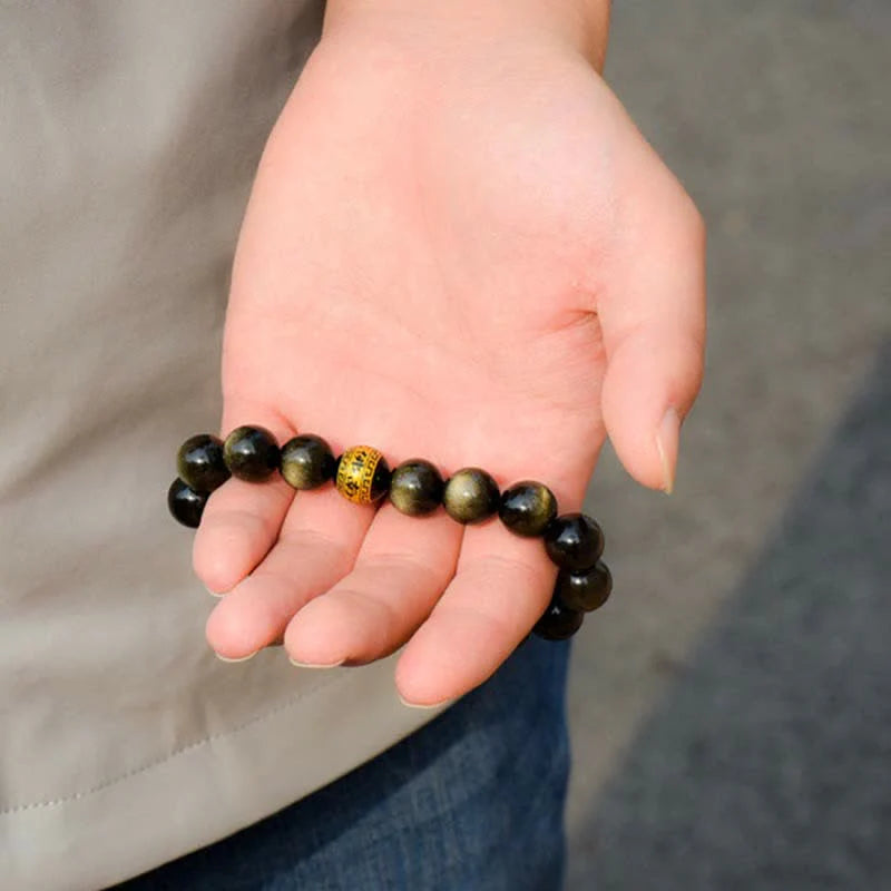 Buddha Stones Chinese Zodiac Natal Buddha Gold Sheen Obsidian Wealth Protection Bracelet