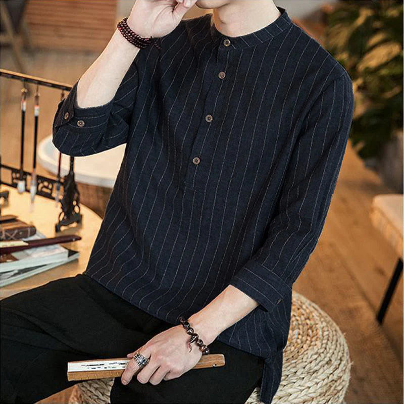 Buddha Stones Plaid Half Buttons Stand Collar Three Quarter Sleeve Cotton Men's Shirt