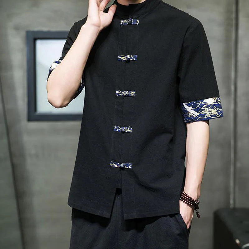 Buddha Stones Solid Color Frog-Button Stand Collar Men's Short Sleeve White Crane Cotton Shirt