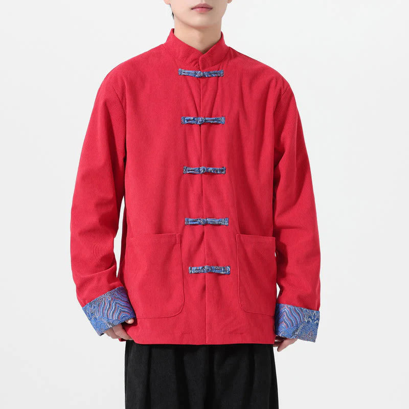 Buddha Stones Floral Design Long Sleeve Men's Cotton Corduroy Tang Suit Jacket With Pockets