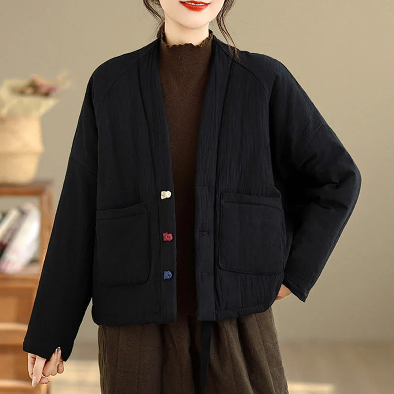Buddha Stones Winter Long Sleeve Cotton Women's Thermal Jacket With Pockets