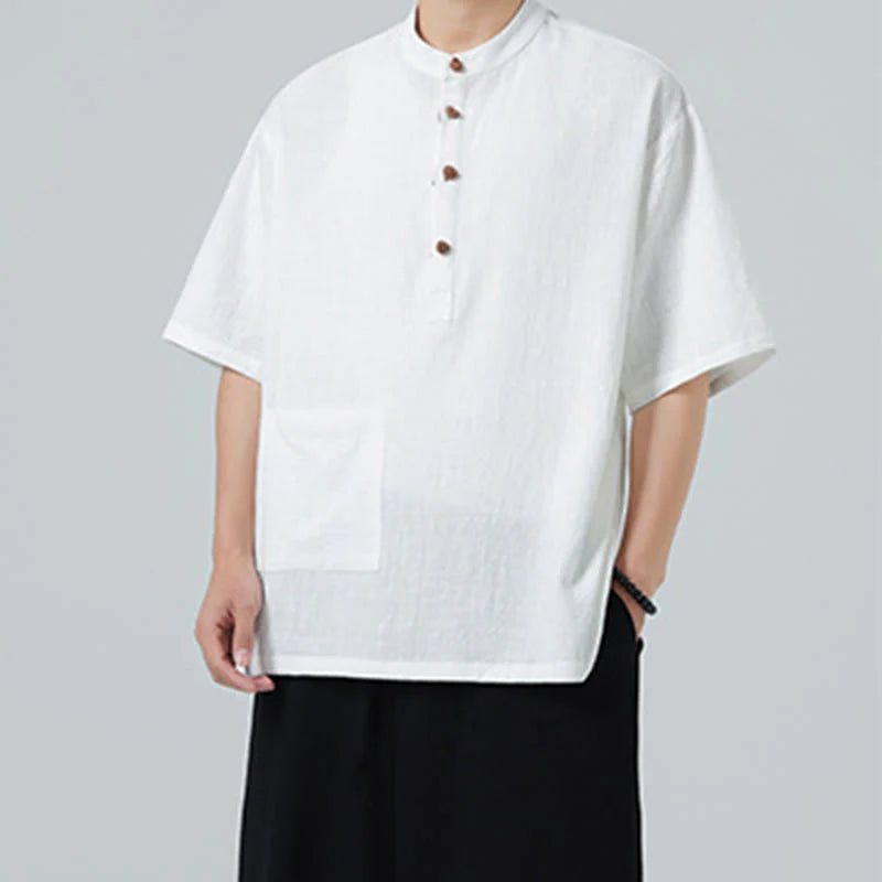 Buddha Stones Casual Half Frog-Button Design Stand Collar Tang Suit Men's Half Sleeve Cotton Shirt With Pocket