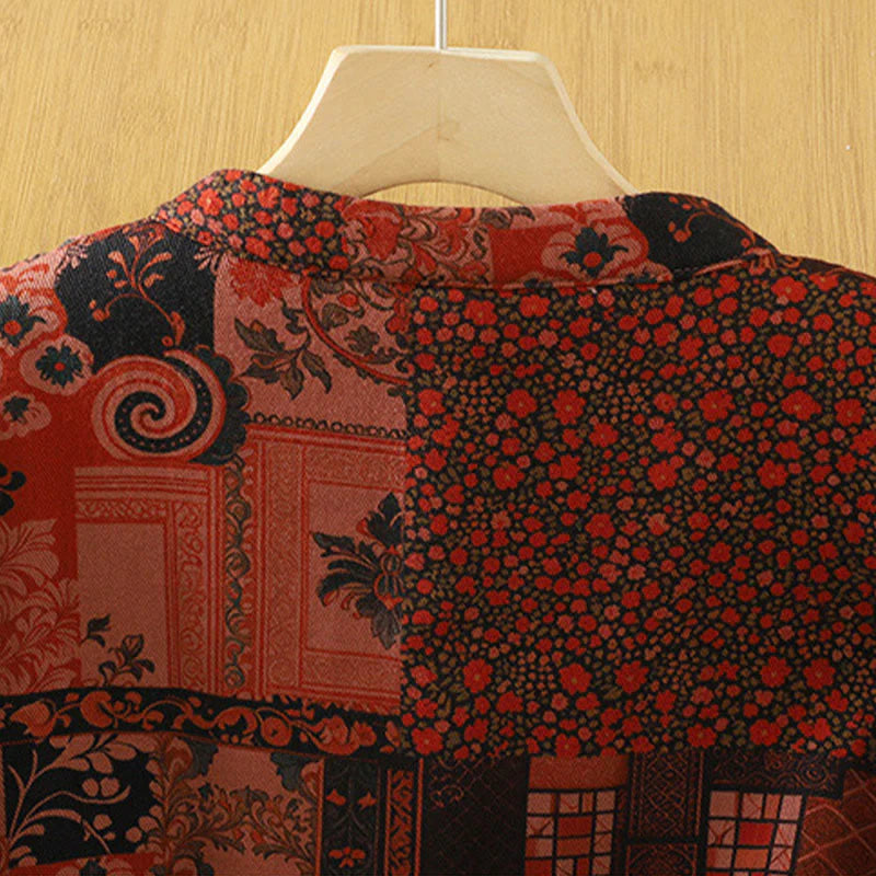 Buddha Stones Women's Ethnic Floral Long Sleeve Frog-buttons Cotton Thermal Jacket