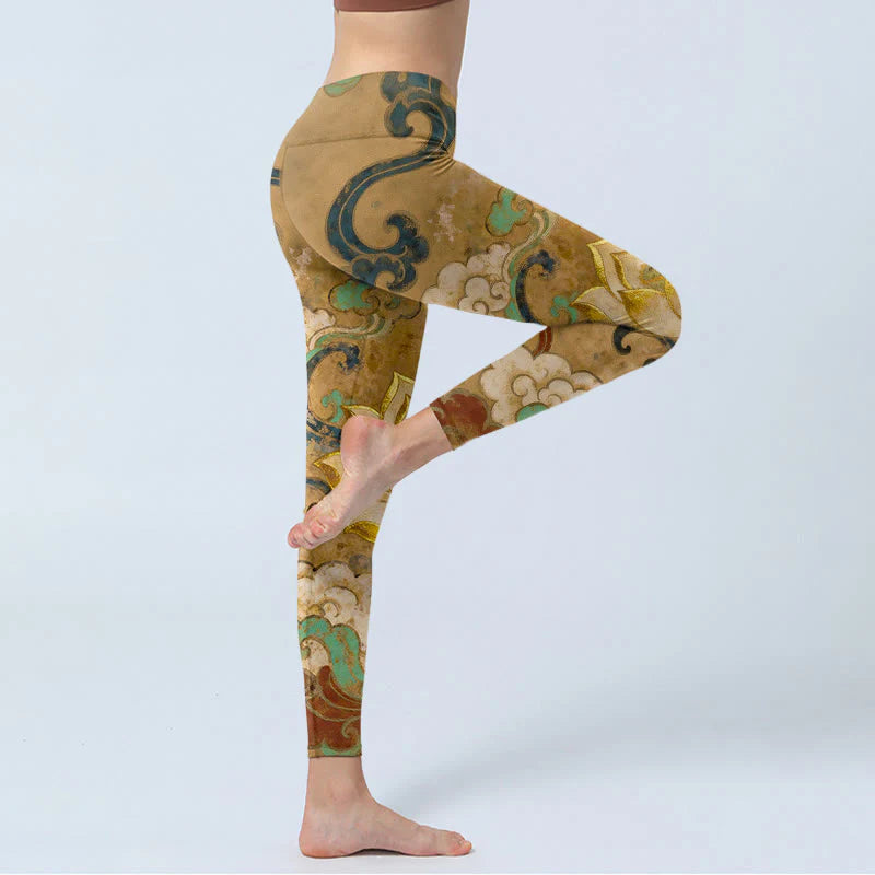 Buddha Stones Traditional Lotus Flower Cloud Pattern Print Gym Leggings Women's Yoga Pants