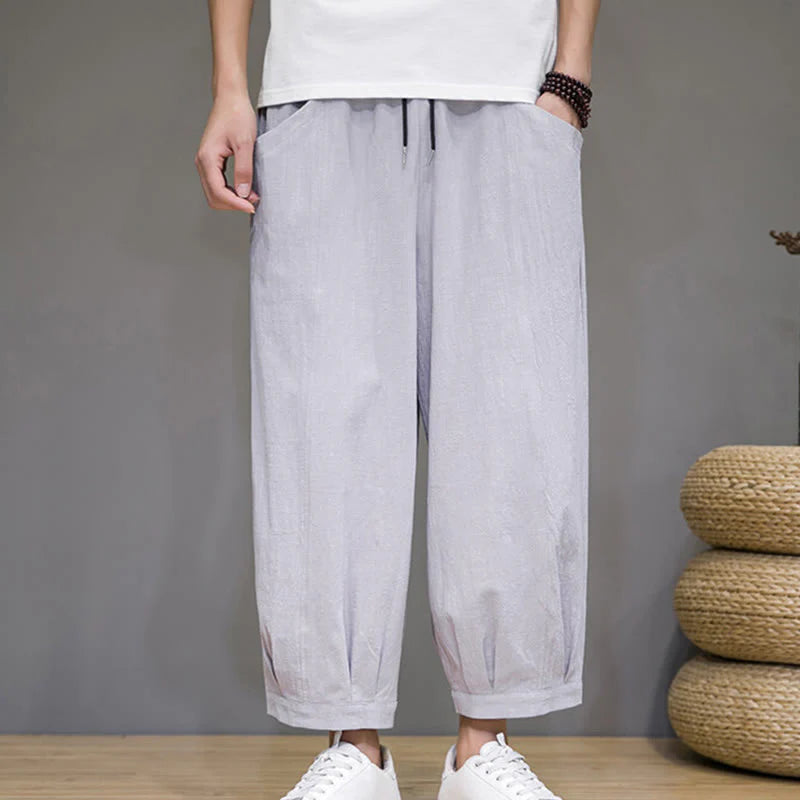 Buddha Stones Casual Plain Men's Cotton 7-8 Length Harem Pants With Pockets