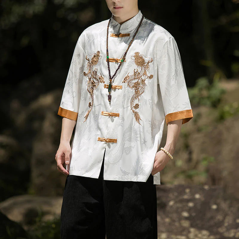 Buddha Stones Embroidered Dragon Pattern Colorblock Design Tang Suit Men's Frog-Button Half Sleeve Shirt