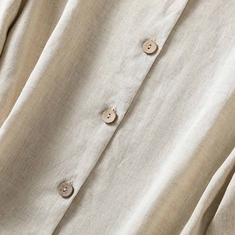 Buddha Stones Spring Plain Buttons Design V-Neck Long Sleeve Women's Cotton Linen Shirt
