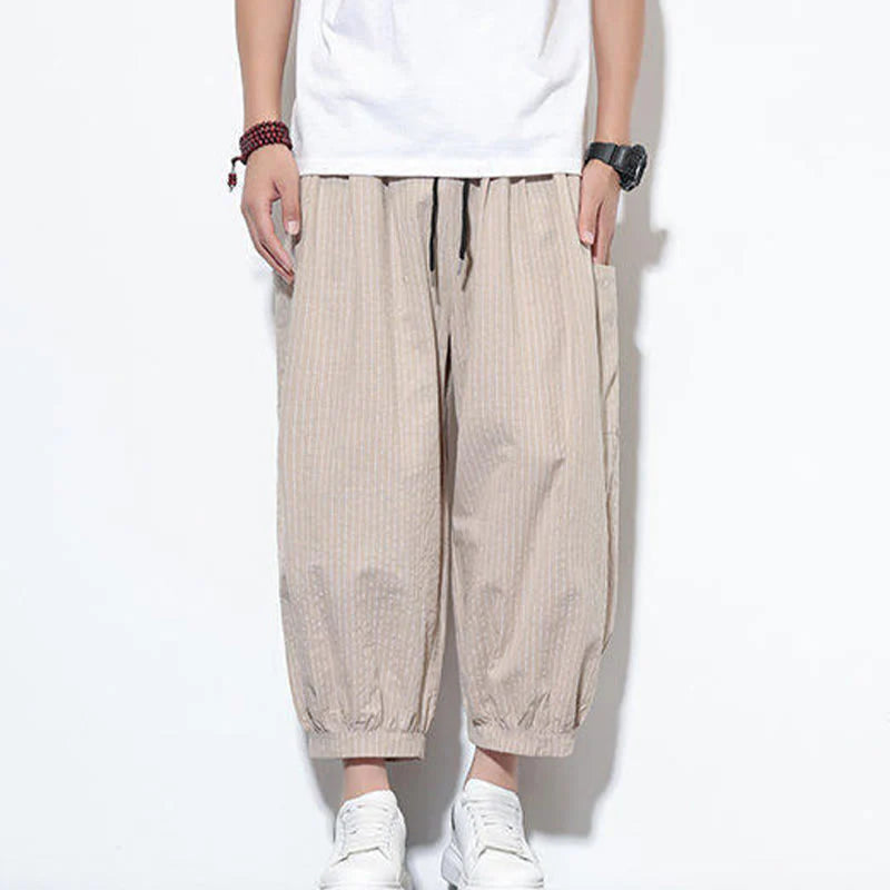 Buddha Stones Casual Striped Men's Cotton 7-8 Length Harem Pants With Pockets