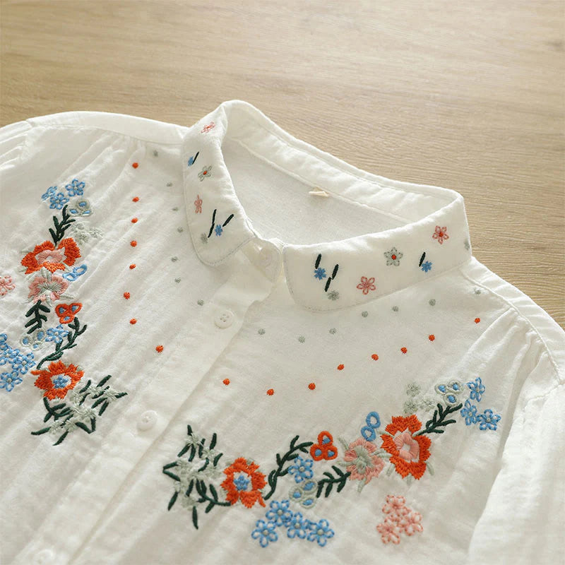 Buddha Stones Fall White Colorful Floral Embroidery Buttons Women's Cotton Long Sleeve Shirt